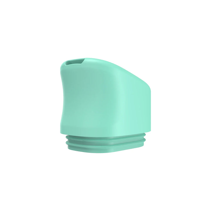 Close-up, isolated view of a light teal vaporizer mouthpiece, featuring a curved top with a small opening and threaded base, set against a white background.