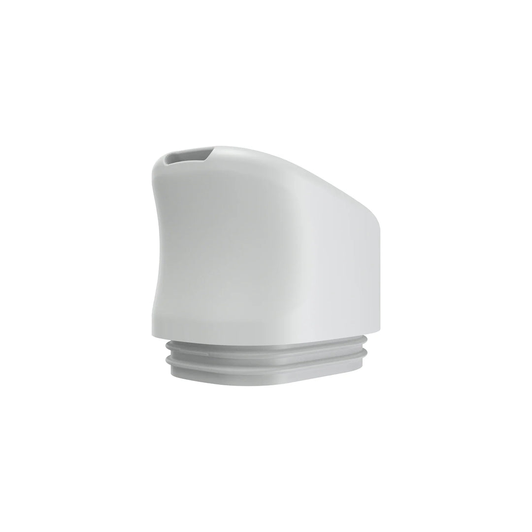 Close-up side view of a white, curved vaporizer mouthpiece with a small opening at the top and grey threading at the base.