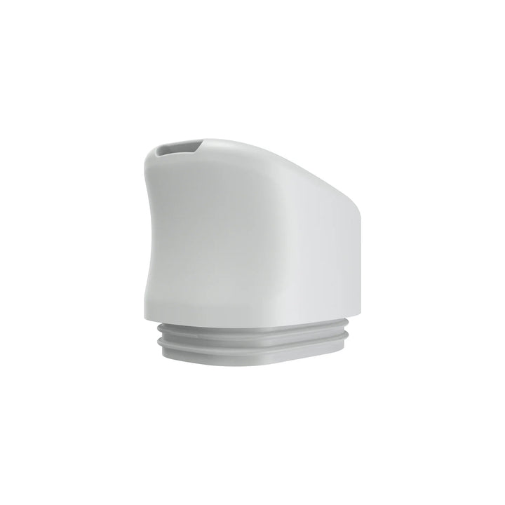 Close-up side view of a white, curved vaporizer mouthpiece with a small opening at the top and grey threading at the base.