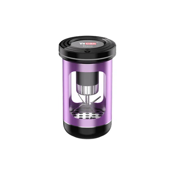 A purple and black electric dry herb grinder with a transparent section revealing the internal grinding blades and perforated base, standing upright.