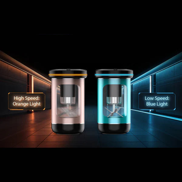 Two electric herb grinders, one rose gold with orange light and one teal with blue light, illustrating high and low speed settings.