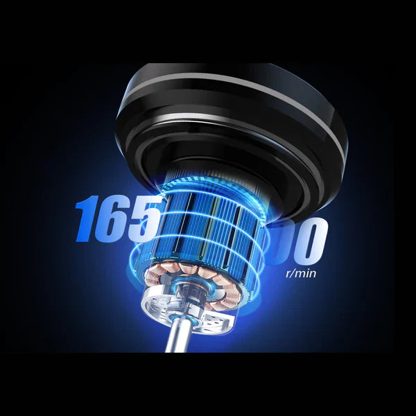 A close-up detail shot of an electric motor's internal components, glowing blue, with the text '16500 r/min' indicating its speed.