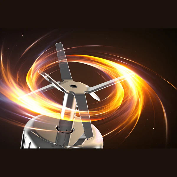 Close-up of a metal grinder blade mechanism with four sharp blades, surrounded by swirling orange and yellow light effects against a dark background, suggesting power or motion.