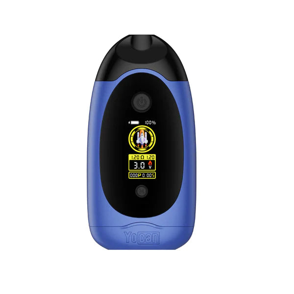 Close-up detail shot of a blue and black Yocan DUBB Dual Cartridge 510 Vape Mod, showcasing its oval shape and digital display with a rocket icon.