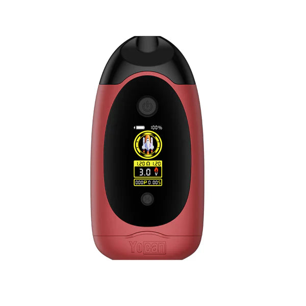 A red and black Yocan DUBB 510 vape mod shown from the front, featuring a digital screen displaying a rocket icon, battery life, resistance, voltage, and puff counter.