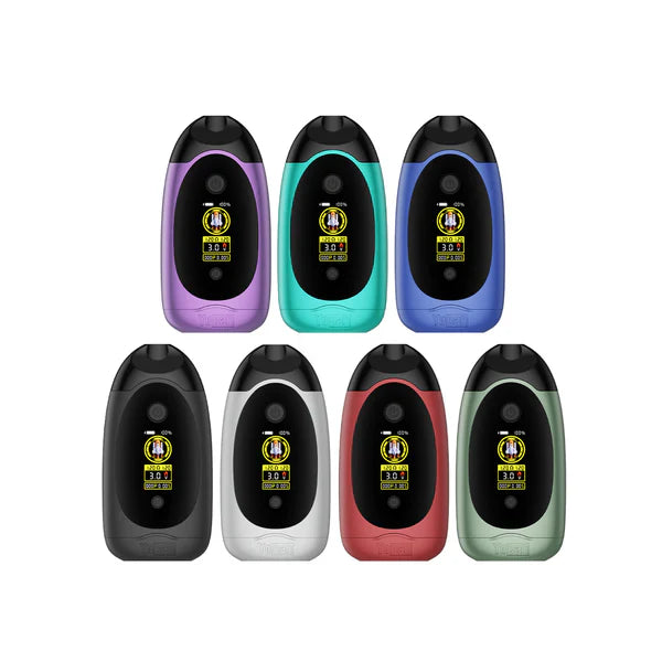 Seven oval-shaped vape mods displayed in two rows, featuring various colors like purple, teal, blue, black, white, red, and green, each with a black screen showing digital information.