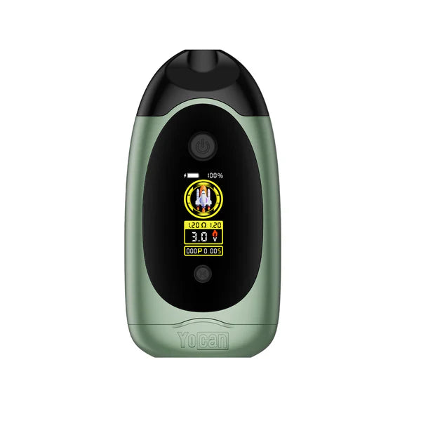 Close-up of a sleek, olive green and black vape mod, featuring a digital screen displaying a rocket icon, battery life, resistance, voltage, and puff counter, with the 'Yocan' logo at the base.