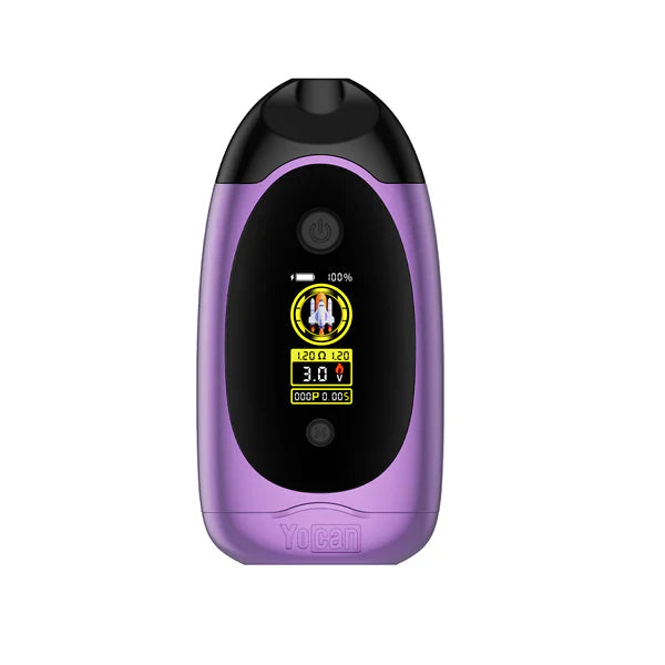 A vibrant purple Yocan vape mod with a black central panel, featuring a digital screen displaying battery life, resistance, voltage, and a rocket icon. The Yocan logo is visible at the bottom.