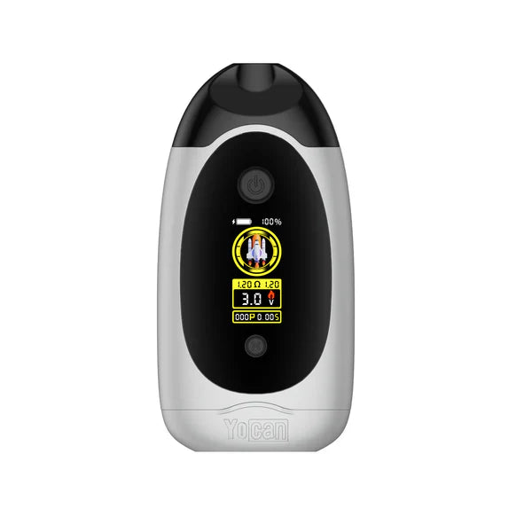 Front view of a silver and black Yocan DUBB vape mod, displaying a colorful screen with a rocket icon, battery life, resistance, and voltage settings.