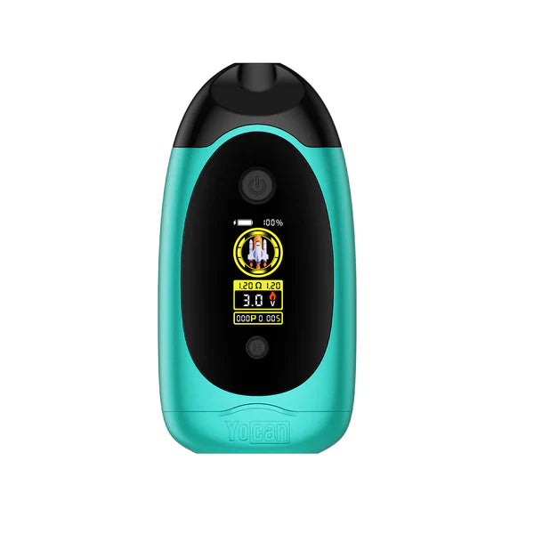 Front view of a teal and black Yocan DUBB vape mod, featuring a central screen displaying battery life, resistance, voltage, and a rocket icon.