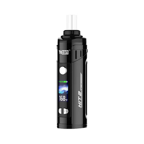 A close-up, front-facing view of a black Yocan HIT 2 dry herb vaporizer, showcasing its digital display with battery life and temperature, and control buttons.