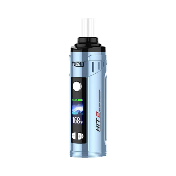 Front view of a light blue cylindrical dry herb vaporizer with a black top and a clear mouthpiece, displaying a digital screen showing battery life and temperature.