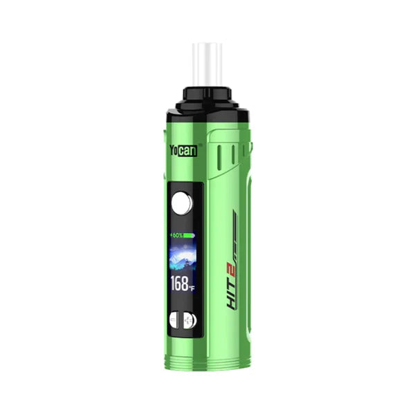 A bright green, cylindrical dry herb vaporizer stands upright, featuring a black top and bottom, a clear mouthpiece, and a digital screen displaying battery life and a temperature of 168 degrees Fahrenheit.