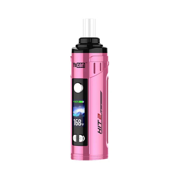 Close-up of a pink Yocan HIT 2 dry herb vaporizer with a clear mouthpiece, displaying a screen with battery life and 168°F temperature.