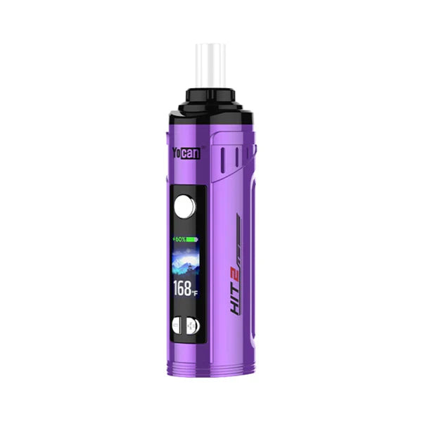 A purple Yocan HIT 2 advanced dry herb vaporizer, shown upright with its screen displaying 168 degrees Fahrenheit and 60% battery life.