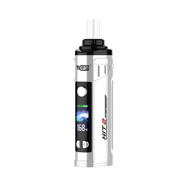 Close-up of a sleek white dry herb vaporizer with a black screen displaying '168°F' and a battery icon at 60%, featuring 'Yocan' branding.
