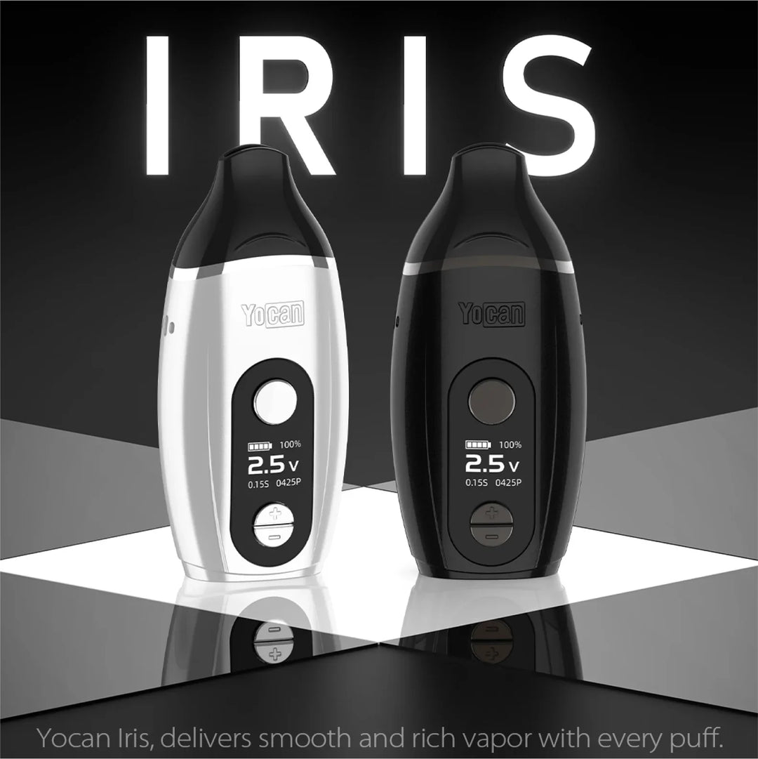 Two Yocan Iris vaporizers, one white and one black, stand side-by-side on a reflective dark surface with the word 'IRIS' glowing in the background.