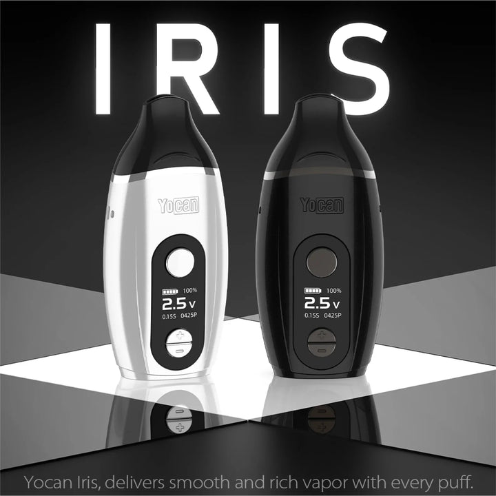 Two Yocan Iris vaporizers, one white and one black, stand side-by-side on a reflective dark surface with the word 'IRIS' glowing in the background.