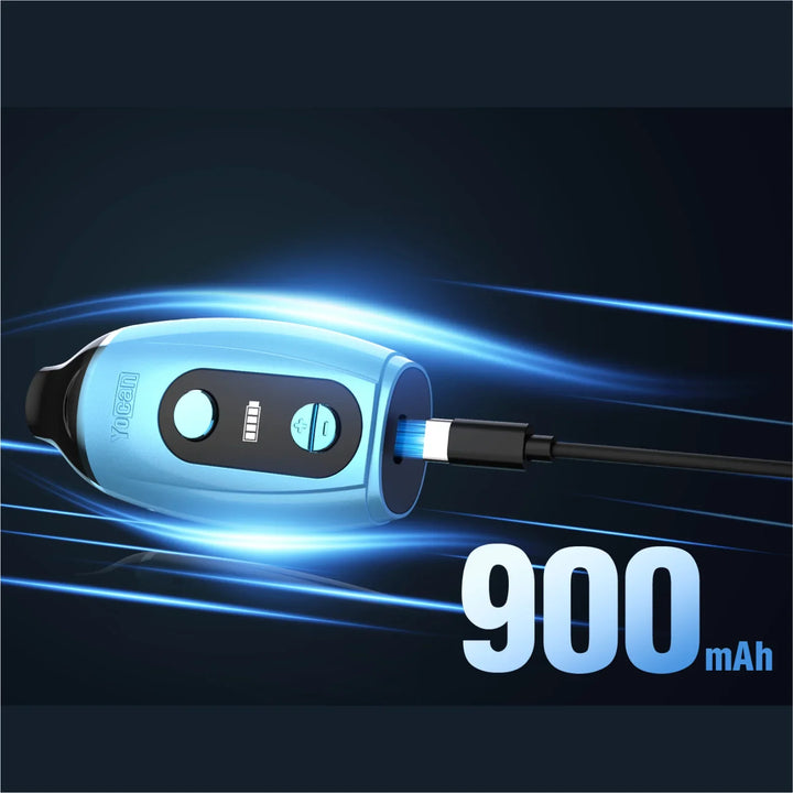 A blue Yocan IRIS concentrate device is shown charging, with a glowing blue cable connected and '900 mAh' text displayed prominently.
