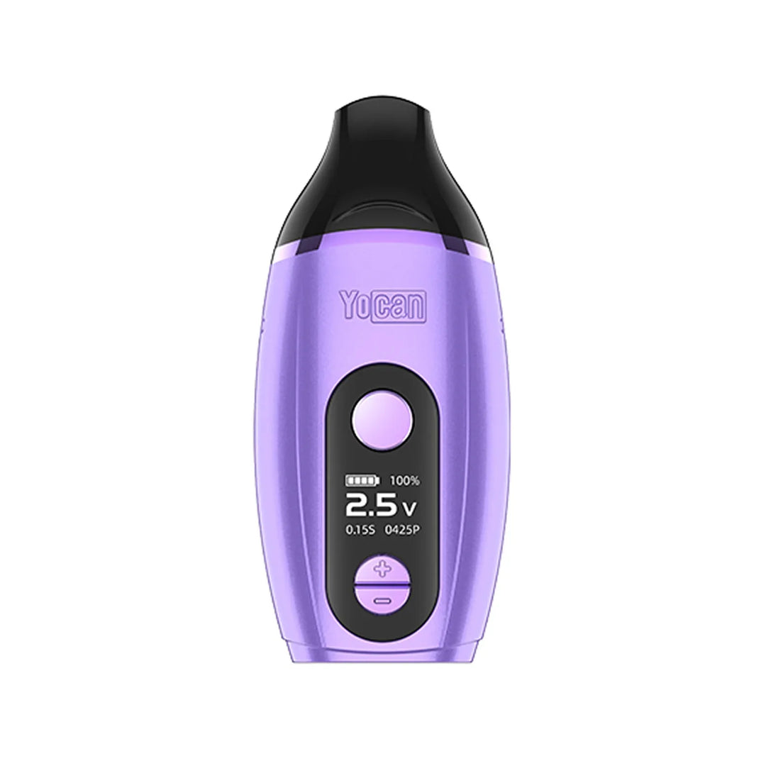 Front view of a purple Yocan IRIS concentrate vaporizer with a black mouthpiece, a central circular button, a digital display showing battery and voltage, and two smaller adjustment buttons below.