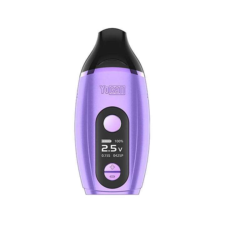 Front view of a purple Yocan IRIS concentrate vaporizer with a black mouthpiece, a central circular button, a digital display showing battery and voltage, and two smaller adjustment buttons below.