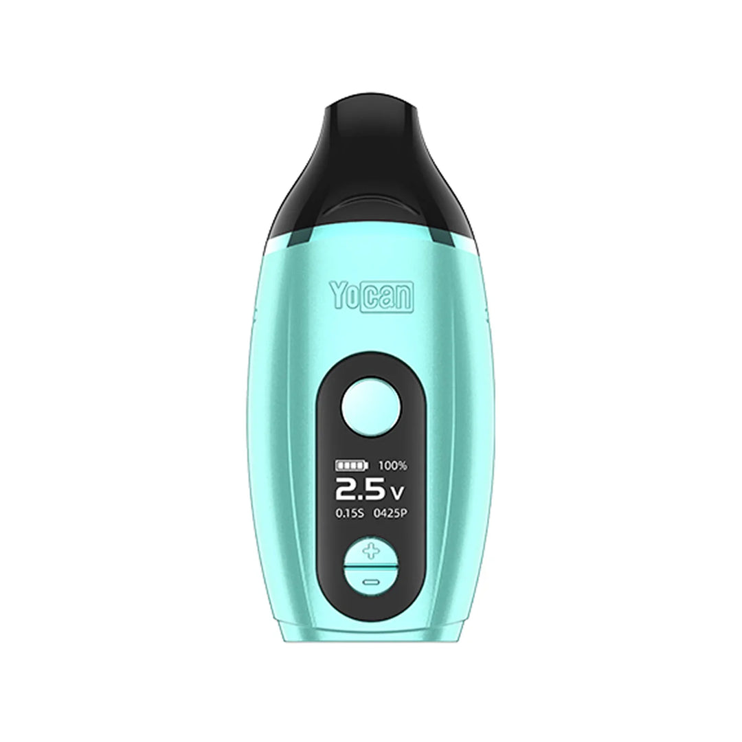 Front view of a light blue vaporizer with a black mouthpiece and a central display showing battery life, voltage (2.5V), and other settings, against a white background.