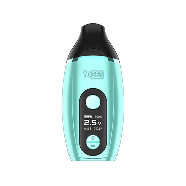 Front view of a light blue vaporizer with a black mouthpiece and a central display showing battery life, voltage (2.5V), and other settings, against a white background.