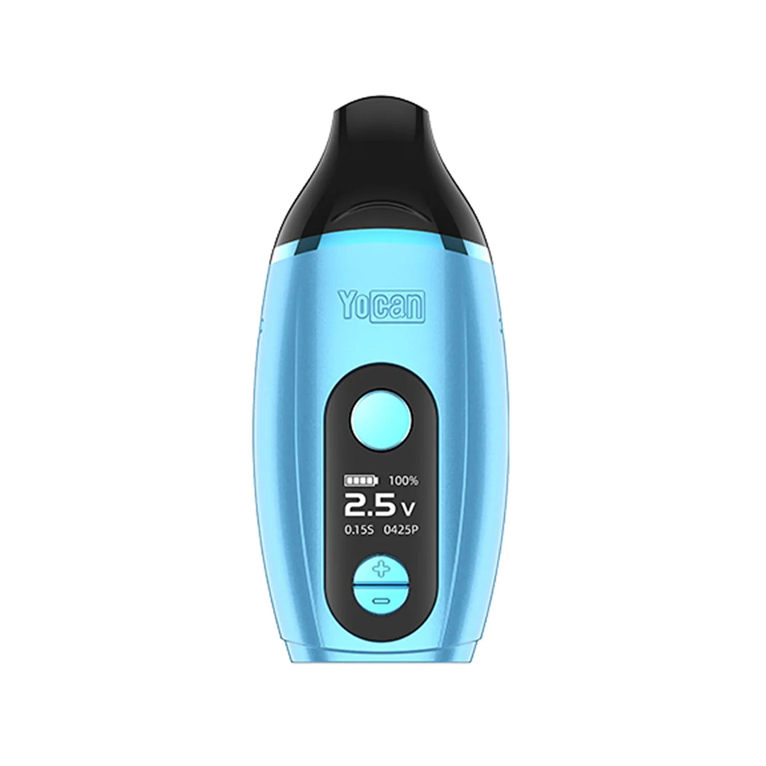 A light blue, sleek, portable vaporizer with a black mouthpiece and a central black panel displaying a digital screen with battery life, voltage (2.5V), and other settings, along with control buttons.