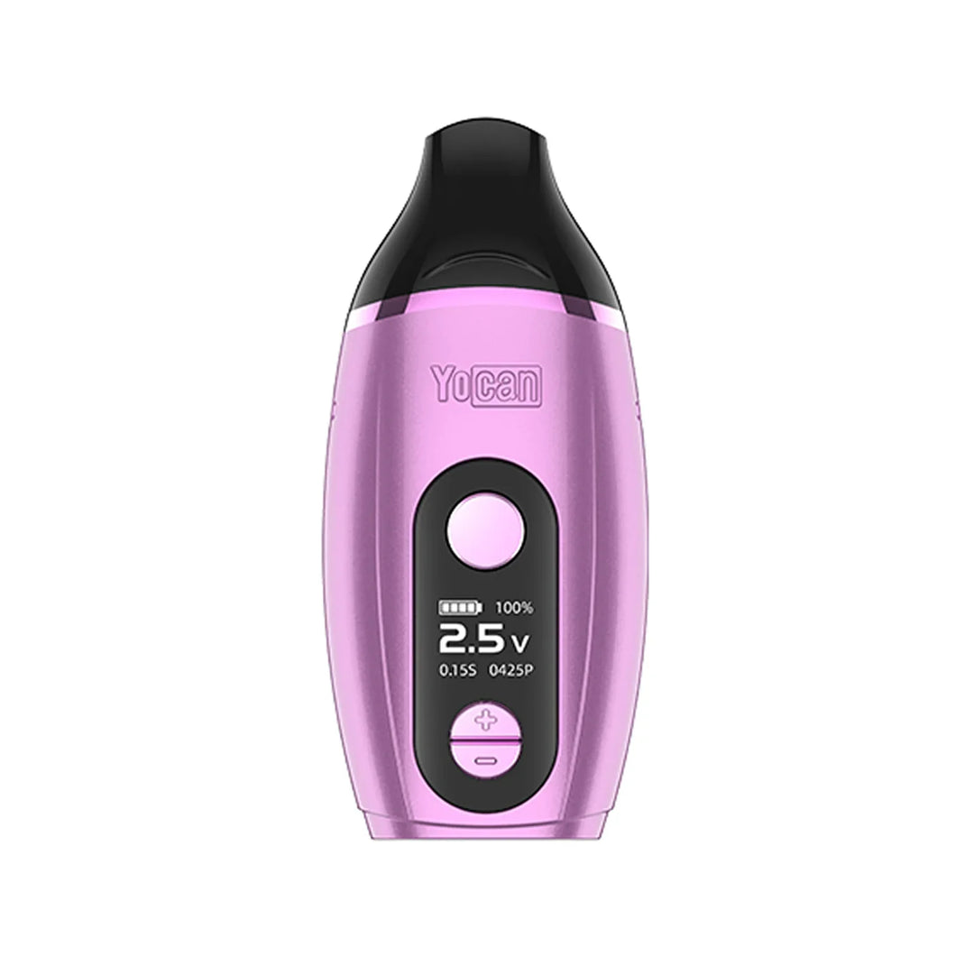 Front view of a pink Yocan IRIS concentrate vaporizer, showcasing its screen with voltage and battery life, and control buttons.