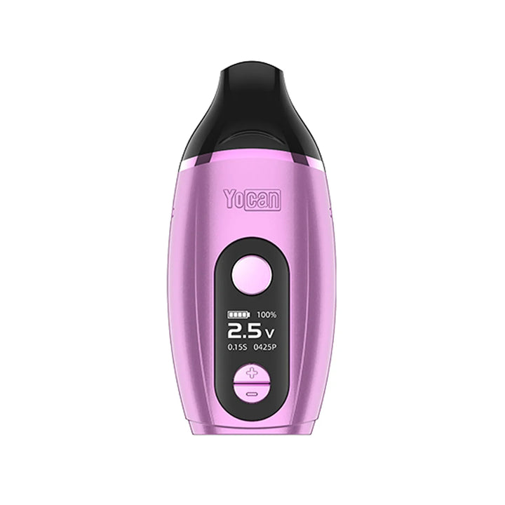 Front view of a pink Yocan IRIS concentrate vaporizer, showcasing its screen with voltage and battery life, and control buttons.