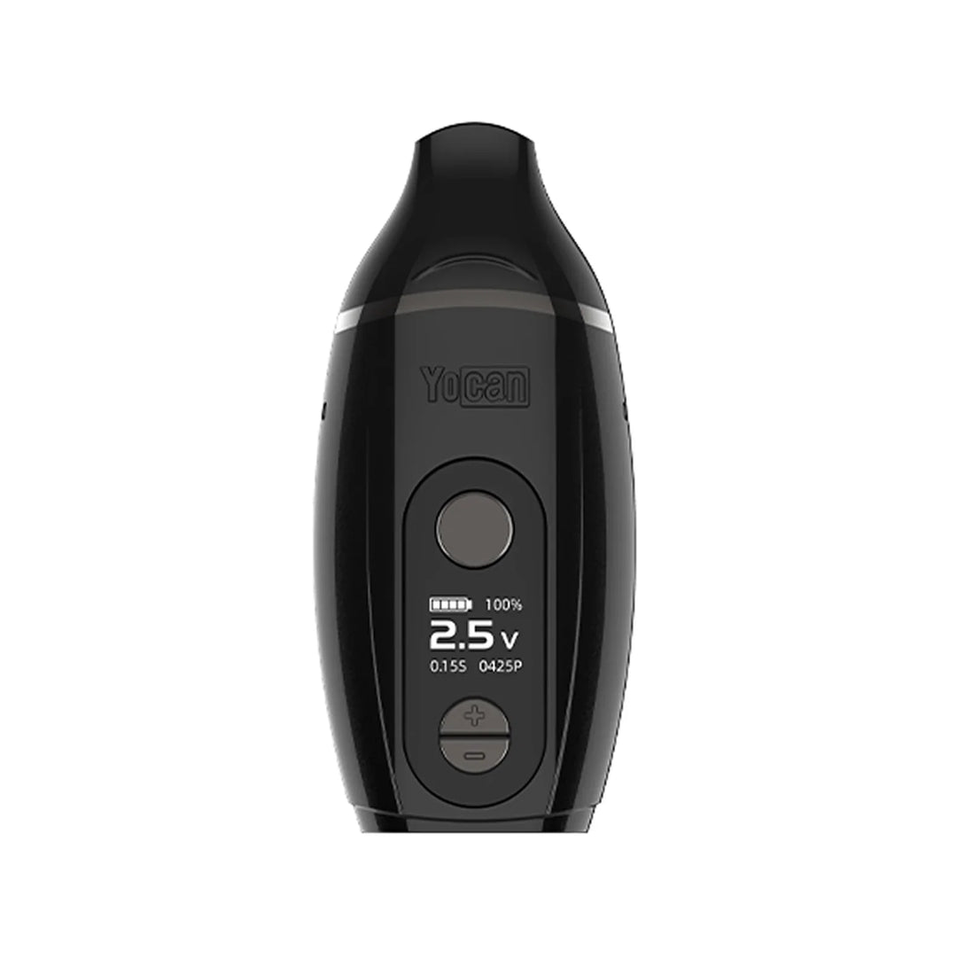 Front view of a black Yocan vaporizer, displaying its screen with battery life, 2.5V voltage, and other settings, along with its power and adjustment buttons.