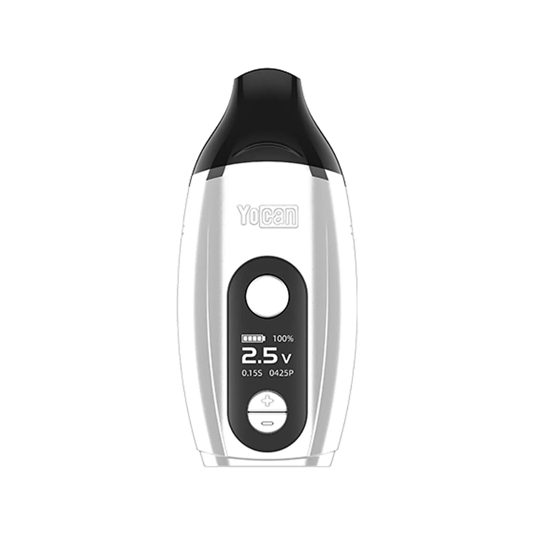 A sleek, white and black Yocan IRIS concentrate vaporizer device shown upright, featuring a central display screen with battery, voltage, and resistance information.