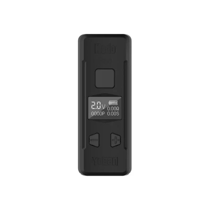 A close-up view of a black, rectangular Yocan Kodo Pro portable vape battery. The small digital screen displays '2.0V', a full battery icon, '0.00A', '0000P', and '0.00S'. Below the screen are two control buttons, and the 'YOCAN' brand name is visible at the bottom. The top features an embossed 'Kodo' logo.