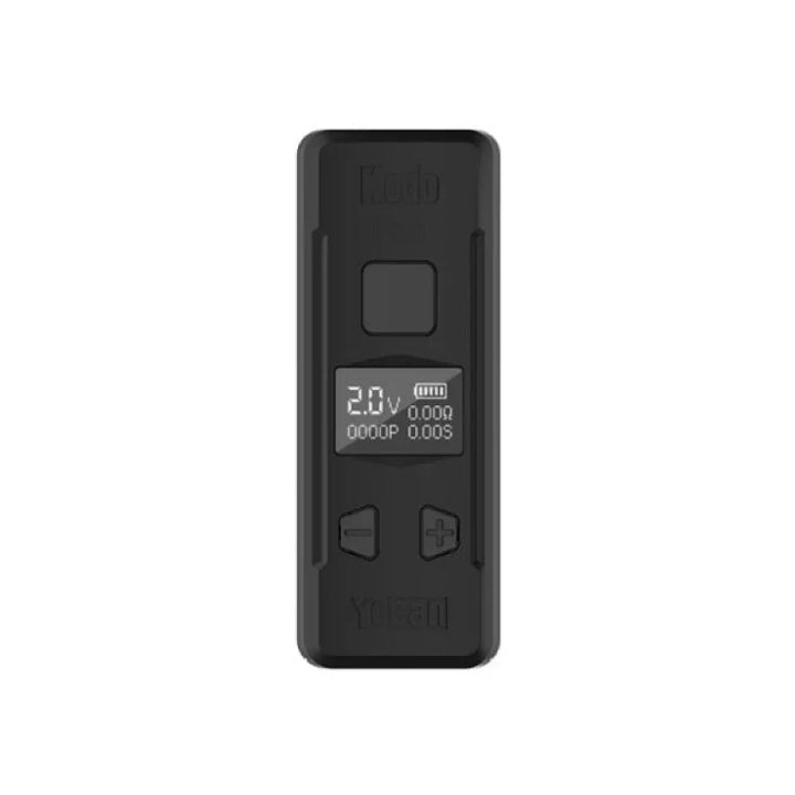 A close-up view of a black, rectangular Yocan Kodo Pro portable vape battery. The small digital screen displays '2.0V', a full battery icon, '0.00A', '0000P', and '0.00S'. Below the screen are two control buttons, and the 'YOCAN' brand name is visible at the bottom. The top features an embossed 'Kodo' logo.