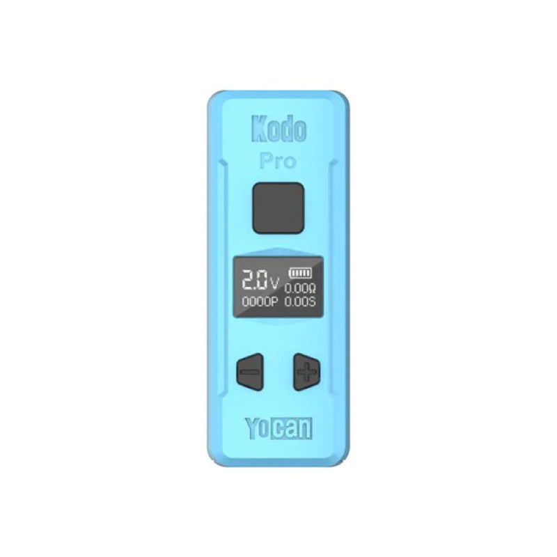 A light blue, rectangular vaporizer battery with a black screen displaying '2.0V' and a battery icon, along with black control buttons. This is a front-facing detail shot.