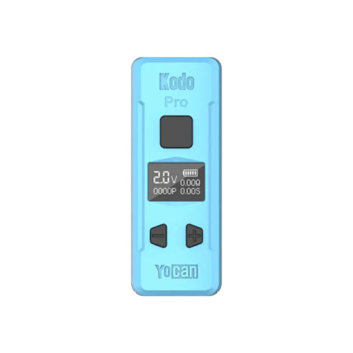 A light blue, rectangular vaporizer battery with a black screen displaying '2.0V' and a battery icon, along with black control buttons. This is a front-facing detail shot.
