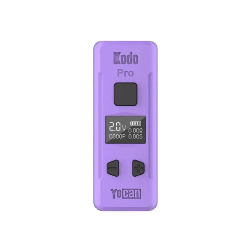 Front view of a compact, rectangular purple vaporizer battery with a black digital screen displaying '2.0V' and battery life, along with a large black firing button and two smaller adjustment buttons.