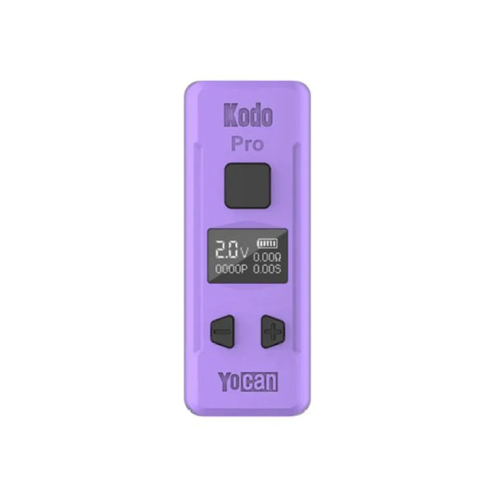 Front view of a compact, rectangular purple vaporizer battery with a black digital screen displaying '2.0V' and battery life, along with a large black firing button and two smaller adjustment buttons.