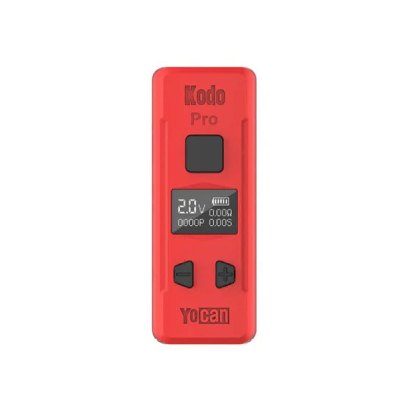 Front view of a compact, rectangular red vaporizer battery with a black digital display showing '2.0V' and battery level, and black control buttons.
