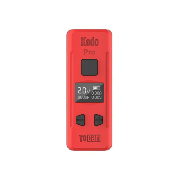 Front view of a compact, rectangular red vaporizer battery with a black digital display showing '2.0V' and battery level, and black control buttons.