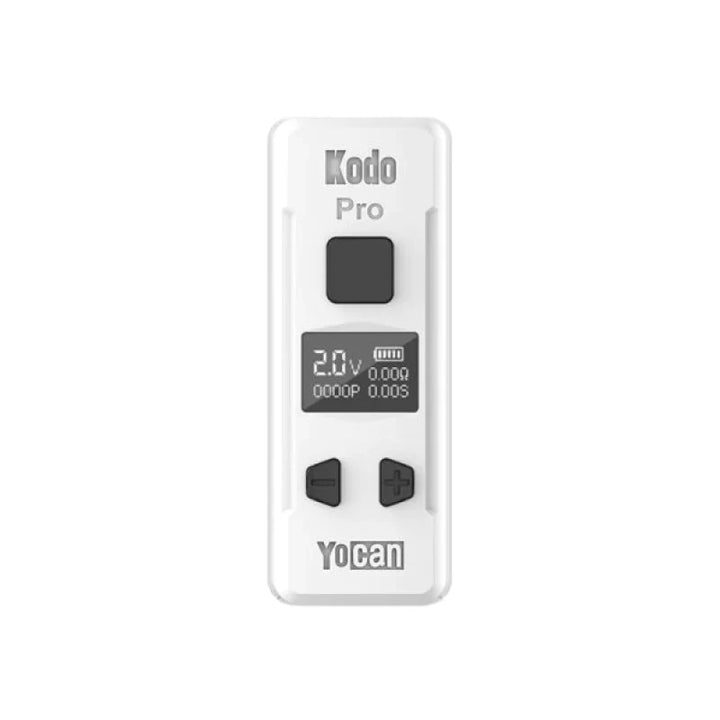 Front view of a white rectangular vaporizer battery with a digital screen displaying voltage and battery life, and black control buttons.