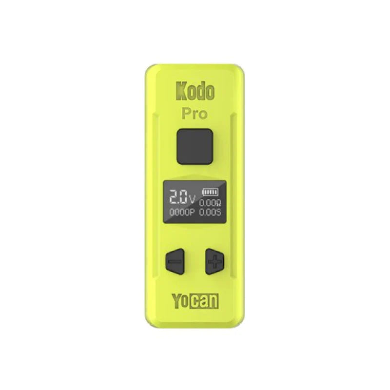 Front view of a compact, bright yellow-green vaporizer battery with a black screen displaying '2.0V' and '0.00A', and black control buttons.