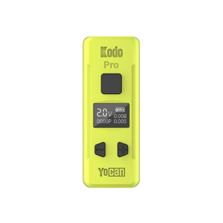Front view of a compact, bright yellow-green vaporizer battery with a black screen displaying '2.0V' and '0.00A', and black control buttons.