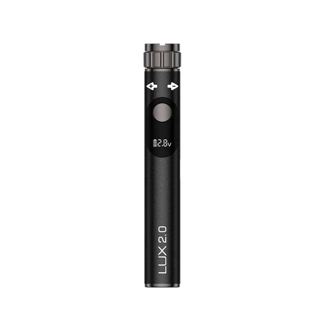 Front view of a black pen-style vaporizer battery with a digital display showing 2.8V and control buttons.