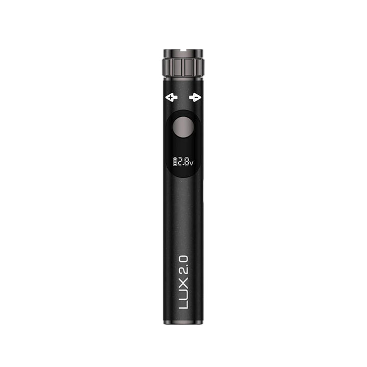 Front view of a black pen-style vaporizer battery with a digital display showing 2.8V and control buttons.