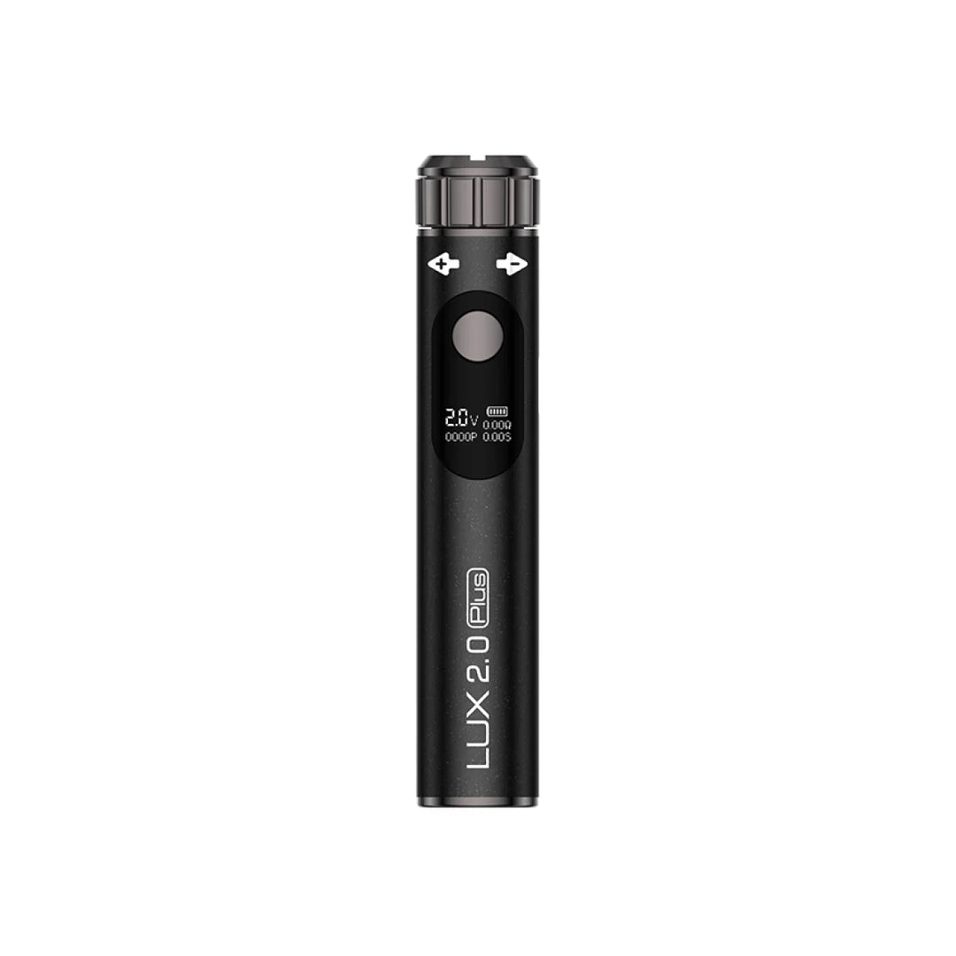 A sleek, black cylindrical 510 thread vape battery standing upright, featuring a small digital screen displaying '2.0V' and battery life, with 'LUX 2.0 Plus' text along its side.