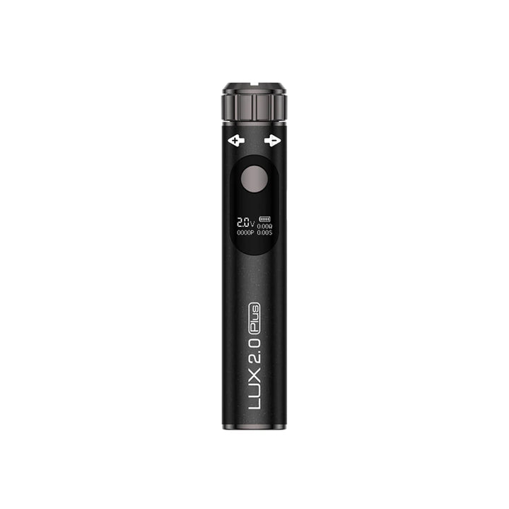 A sleek, black cylindrical 510 thread vape battery standing upright, featuring a small digital screen displaying '2.0V' and battery life, with 'LUX 2.0 Plus' text along its side.