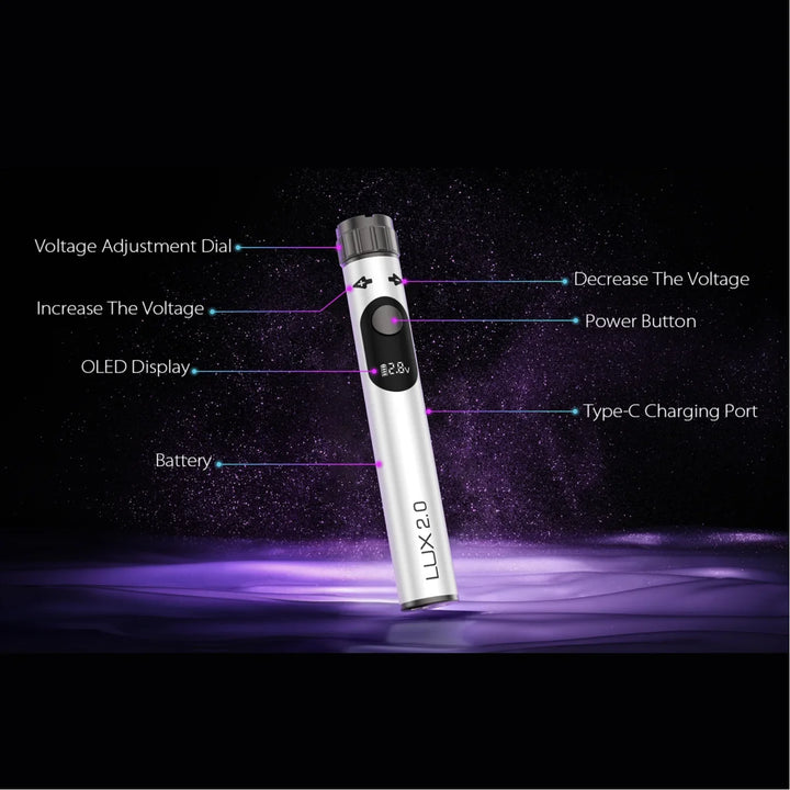 Close-up detail shot of a silver pen-style vaporizer battery, highlighting its features with labeled arrows including the OLED display, power button, voltage adjustment dial, and Type-C charging port.