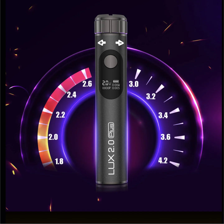 Detail shot of a black cylindrical vape battery with a digital screen showing '2.0V' and 'LUX 2.0 Plus' text, against a purple and orange gradient background with a voltage gauge.