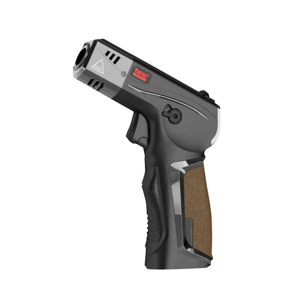 Angled view of a black and silver Yocan Red BEEF butane torch, featuring a brown textured grip and a red 'Yocan' logo.